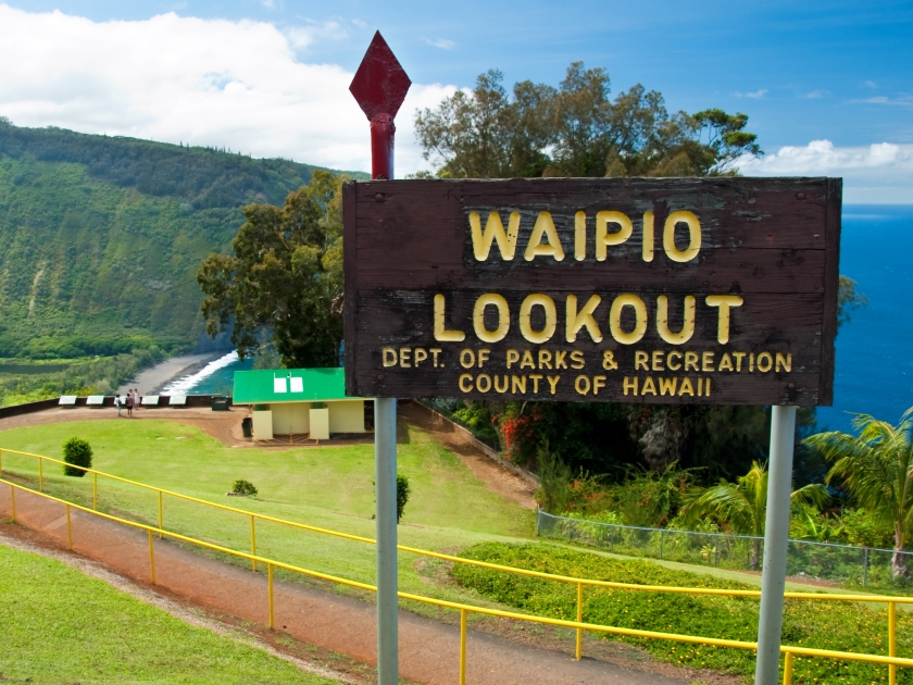 Waipio valley lookout sign on Hawaii Big Island