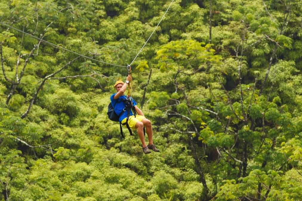 Man on Zipline over Lush Tropical Valley