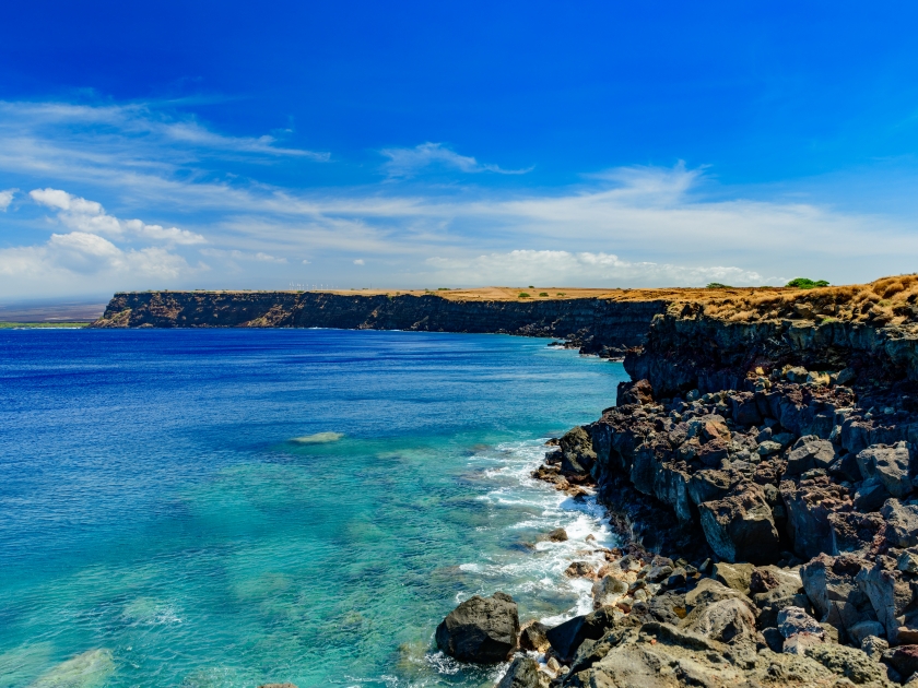 ka Lae or South Point on the Big Island of Hawaii overlooking the Pacific Ocean via steep cliffs