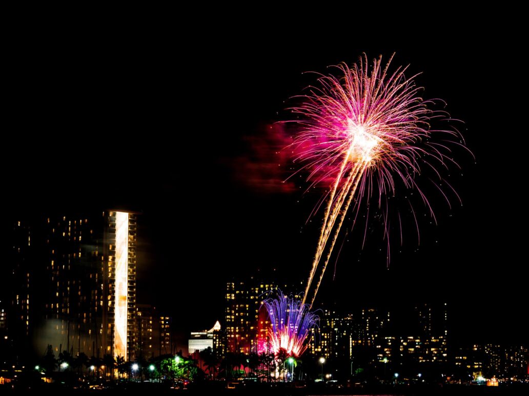 Fireworks in Waikiki in Honolulu, Hawaii, USA