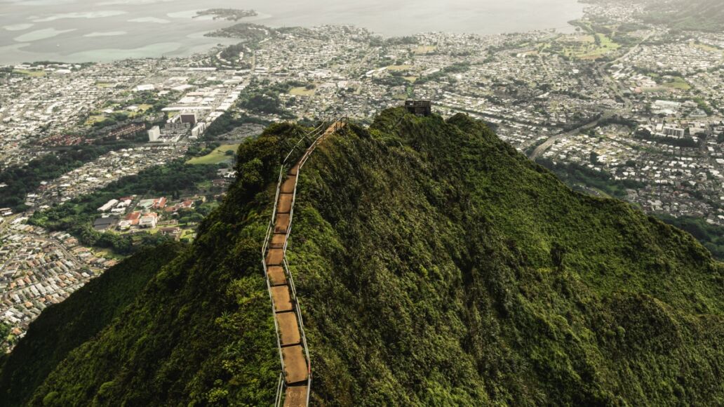 Dramatic moody view of Kaneohe and Ho'omaluhia Botanical Gardenin Oahu, Hawaii.Taken on the Stairway to Heaven (Haiku Stairs) hike.