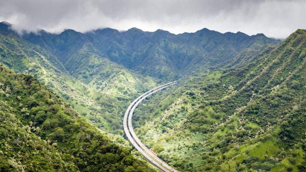 Mountain landscape panorama and scenic view of H3 highway from the Aeia Loop Trail on Oahu, Hawaii. / Mountain Landscape Panorama Hawaii