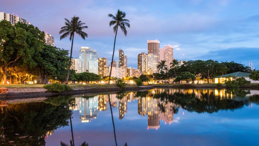 Dusk view of Waikiki from Ala Moana Beach Park pond