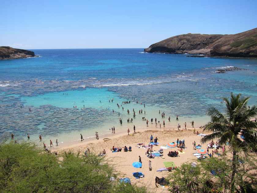 Hanauma Bay crater beach and coral reef, a popular tourist destination. Of volcanic origin, it is located at Hawaii, Oahu. People sunbathing, snorkeling and swimming. Blue sky, turquoise sea.