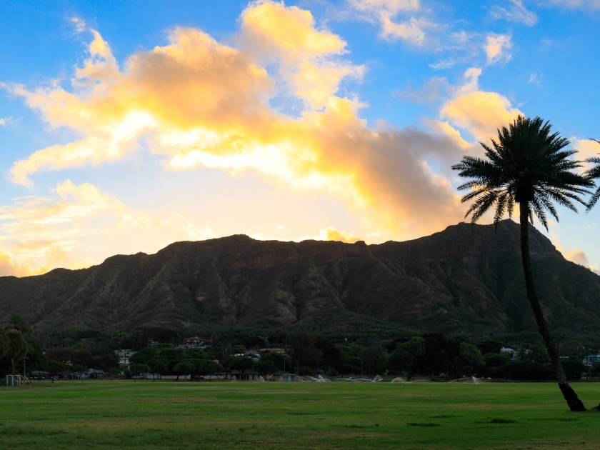 Diamond Head State Monument at sunrise, Oahu, Hawaii - panorama image