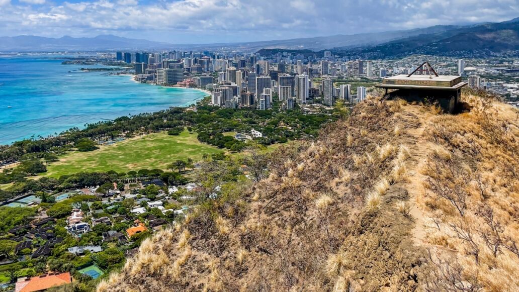 Hiking the Diamond Head Volcano Trail in Honolulu, Hawaii, looking down at Waikiki, Hawaii from the Fire Control Station used in World War 2