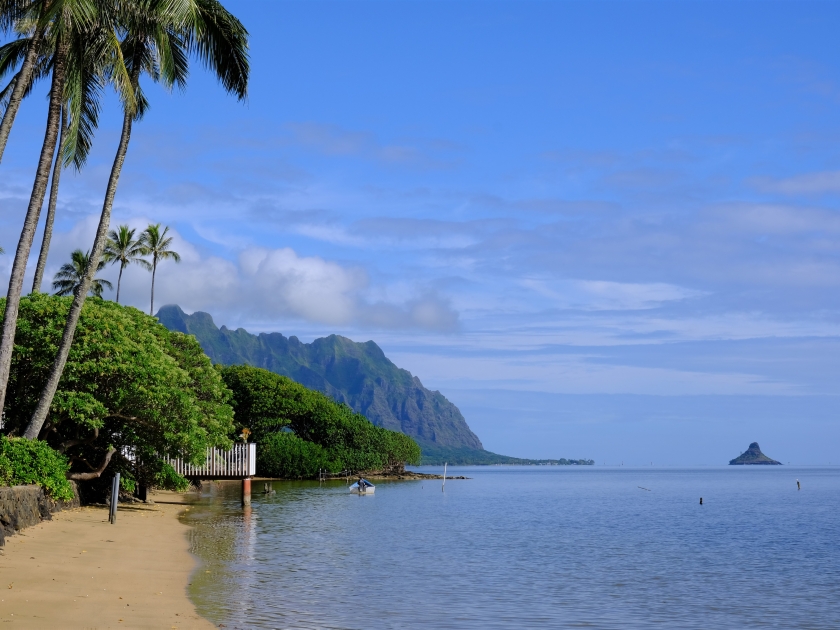 View of Chinaman's Hat (Mokolii Island) off the coast of Oahu Hawaiis windward coast as seen from Kahaluu.