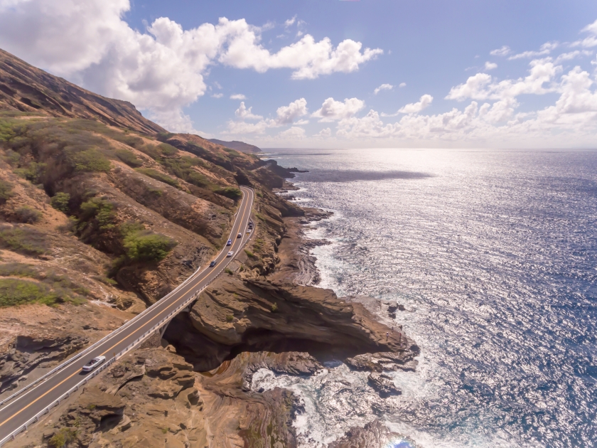 Aerial view of the coastline on Oahu Hawaii