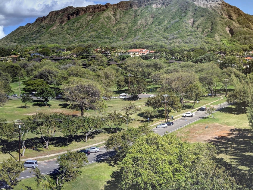 Aerial view of Diamondhead, Kapiolani Park, Kapahulu, and the gold coast on Oahu, Hawaii. Feb 22 2019.