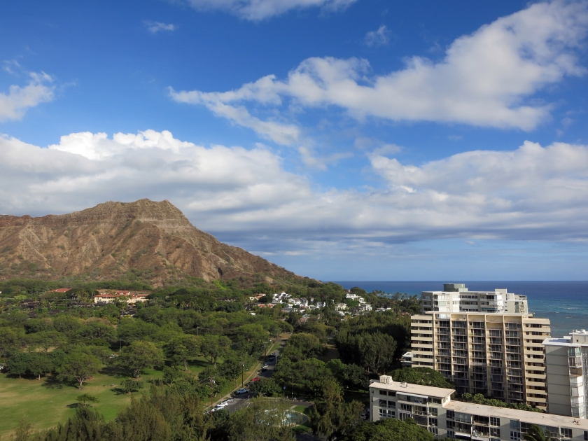 Aerial view of Diamondhead, Kapiolani Park, the gold coast, Pacific ocean, and waves on Oahu, Hawaii. March 2016.