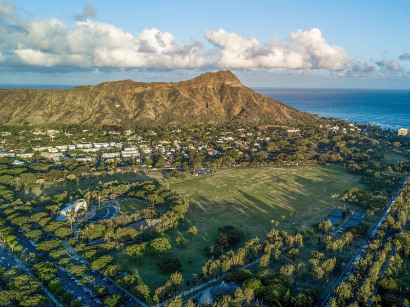 Aerial drone shot view of Kapiolani Park in Honolulu in Hawaii