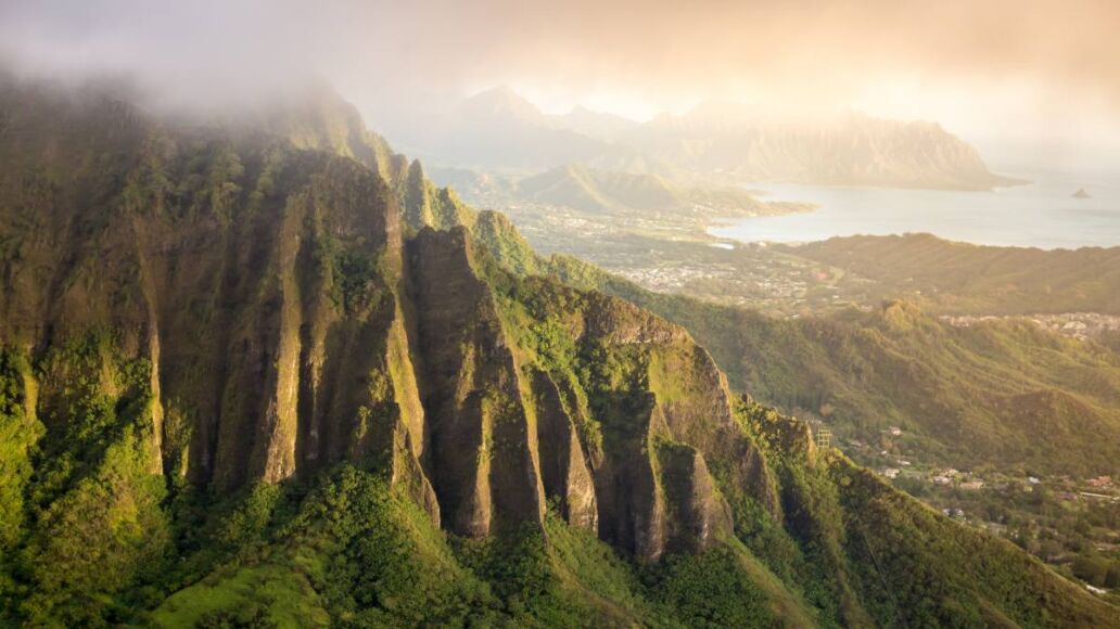 View from the summit of the Koolau Mountain range on the island of Oahu in Hawaii