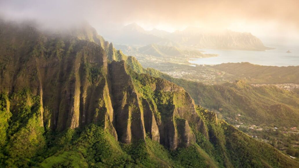 View from the summit of the Koolau Mountain range on the island of Oahu in Hawaii