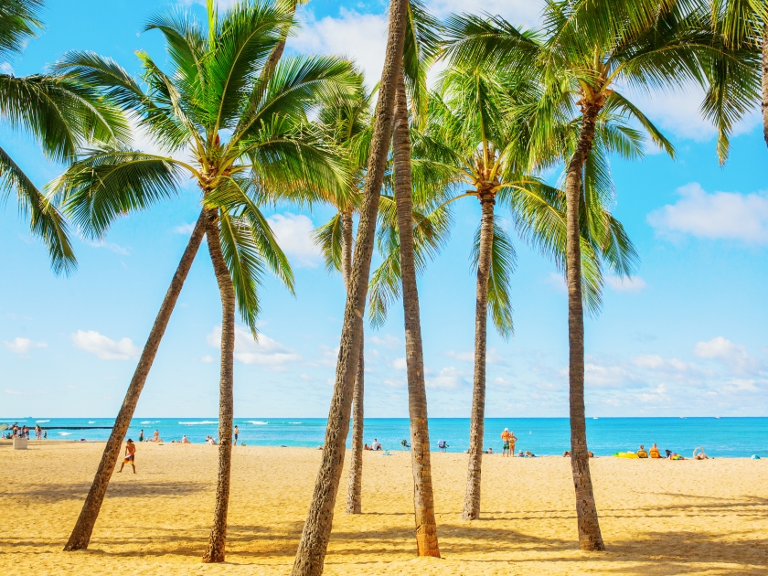 Honolulu, Oahu, Hawaii - November 04, 2019: Kuhio beach park with unidentified people. It is a public ocean-side park located within Waikiki Beach