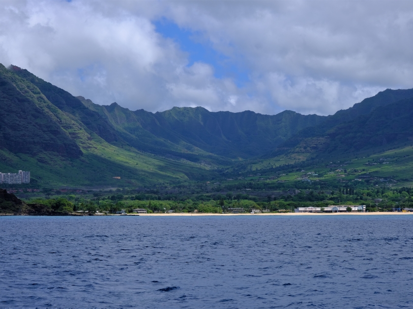 Leeward coastline of the island of Oahu, Hawaii from off shore in a sailboat. Coastline from Ko'olina to Makaha