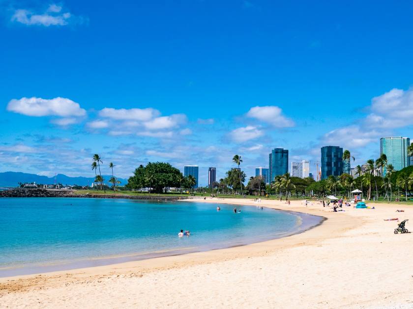 Magic Island Lagoon at Ala Moana Beach Park, Waikiki, Honolulu, Oahu Island, Hawaii