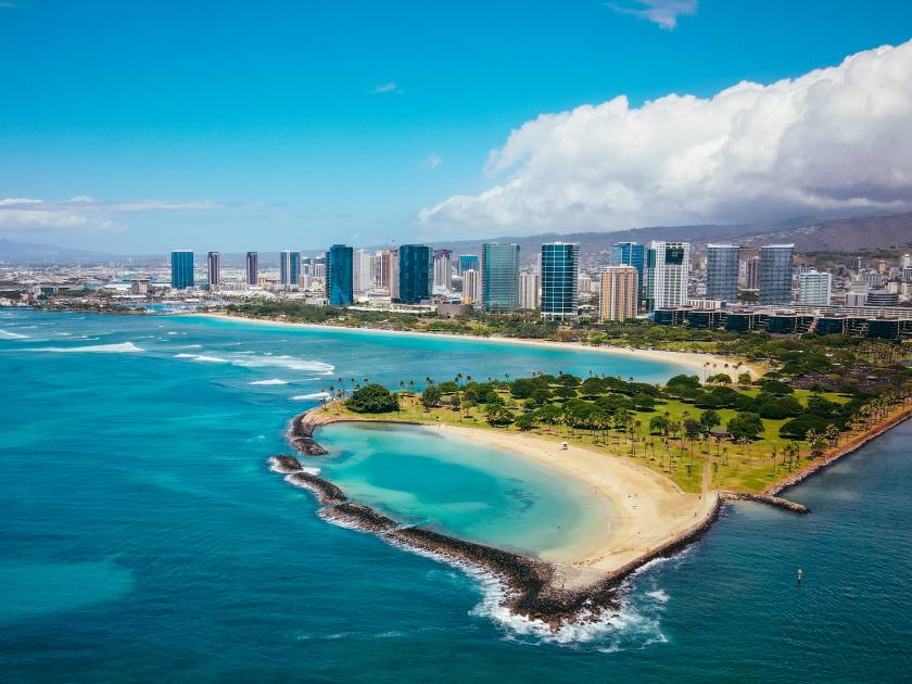 Aerial Magic Island Lagoon, Oahu, Hawaii