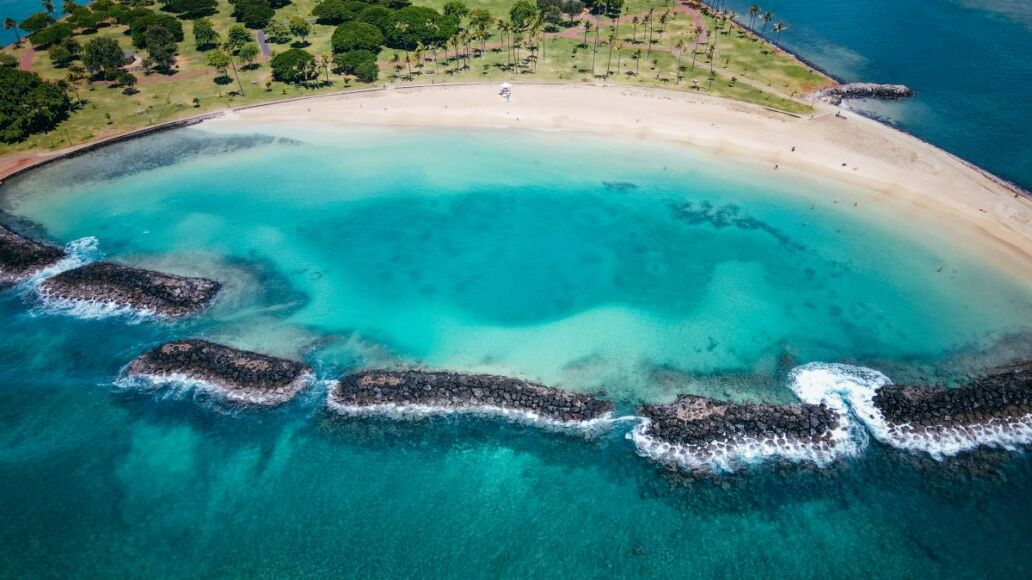 Aerial Magic Island Lagoon, Oahu, Hawaii