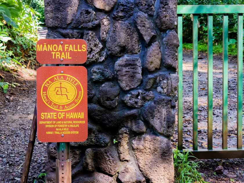 The sign in head part of the trail leading to Manoa Falls in Oahu, Hawaii