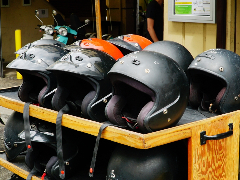 Honolulu Hawaii USA. ‎October ‎11, ‎2019. Helmets waiting to protect peoples heads if they rent a scooter.