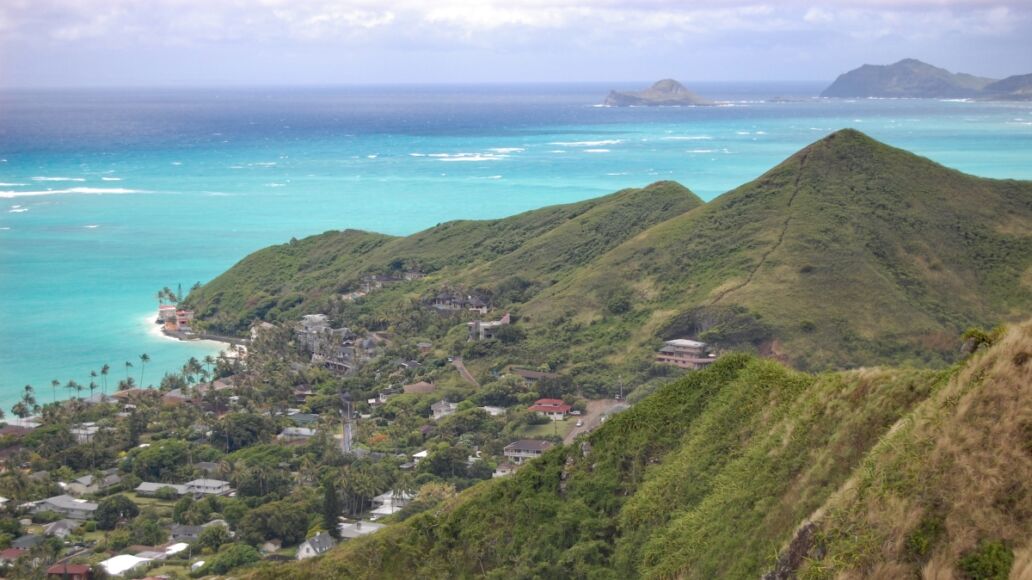 View of Oahu windward coast from Lanikai hiking trail, Oahu, Hawaii