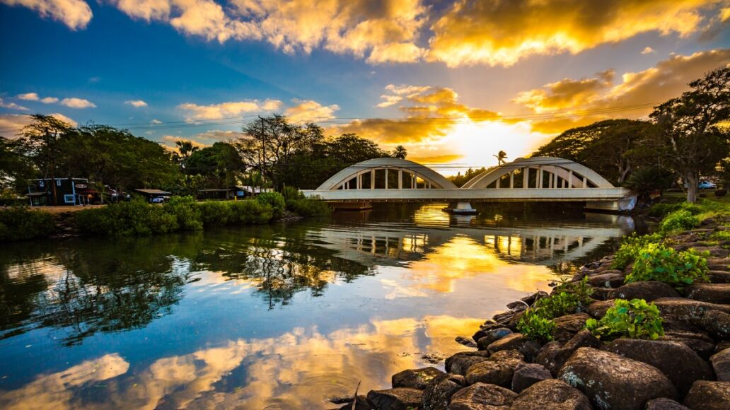 Sunrise over the Anahulu Stream Bridge in Haleiwa, Oahu, Hawaii