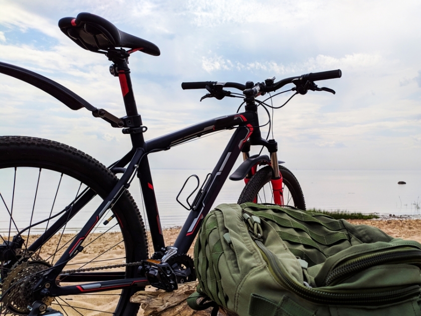 Modern bicycle on the wild beach with backpack and dead tree Bike travel with bag along the seacoast Beautiful nature landscape with sea gulf and cloudy heaven