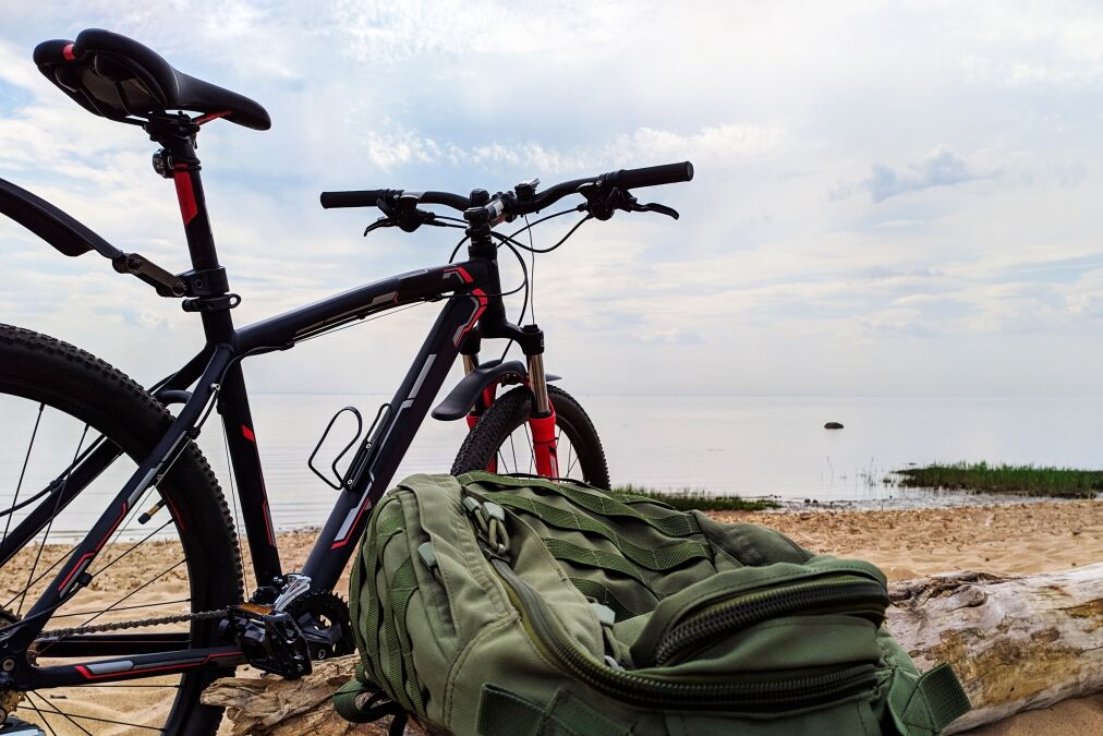 Modern bicycle on the wild beach with backpack and dead tree Bike travel with bag along the seacoast Beautiful nature landscape with sea gulf and cloudy heaven