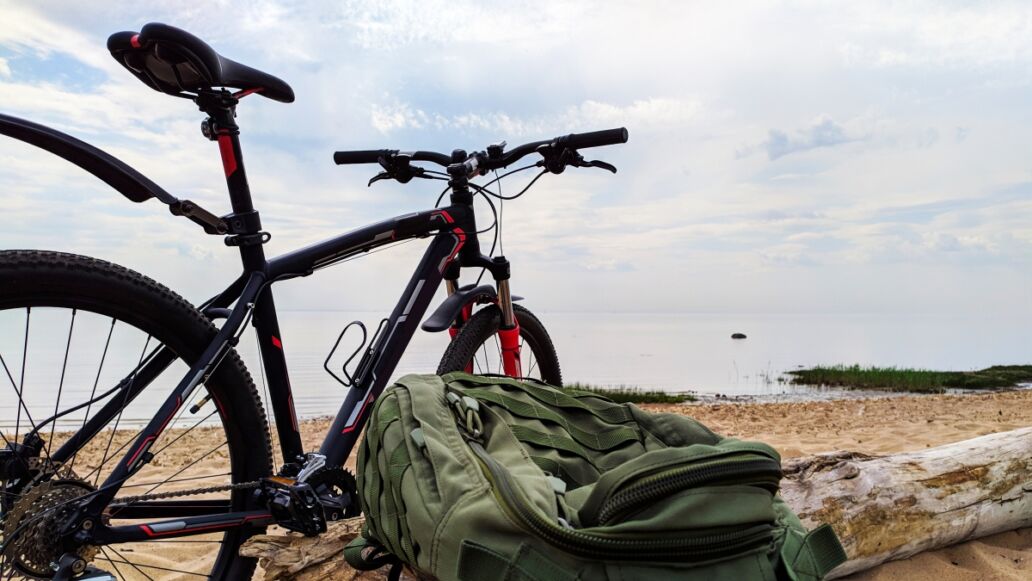 Modern bicycle on the wild beach with backpack and dead tree Bike travel with bag along the seacoast Beautiful nature landscape with sea gulf and cloudy heaven