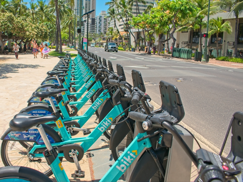 Waikiki, HI, USA - July 16, 2019: Bike rental station on Kalakaua Ave in Waikiki Beach