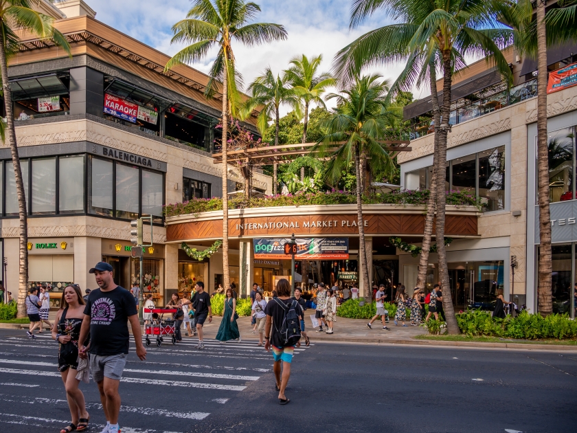 Honolulu, Hawaii - December 29, 2022: Exterior of the International Market Place shopping plaza on Kalakaua Avenue.