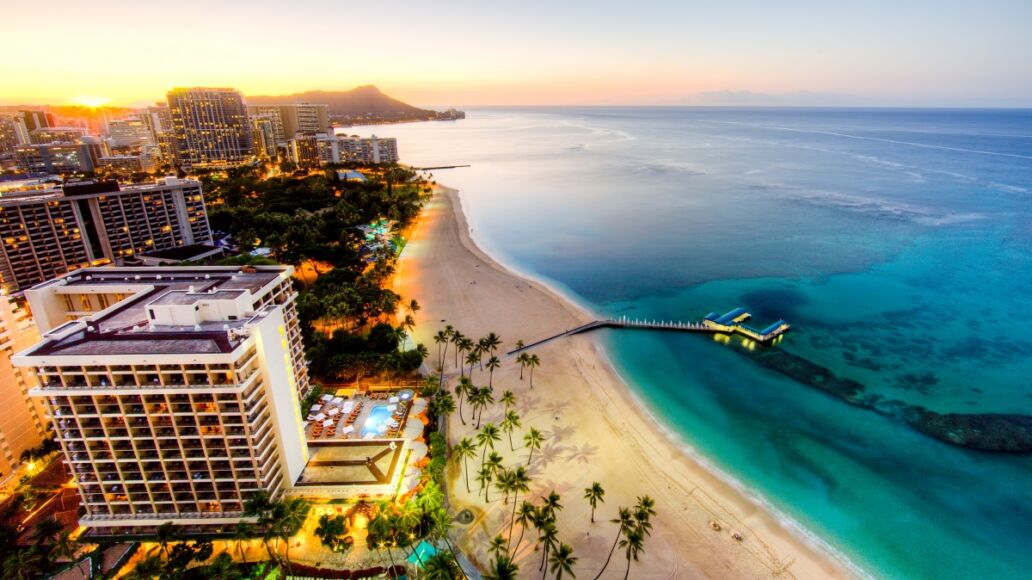 Aerial View of Sunrise at Waikiki Beach