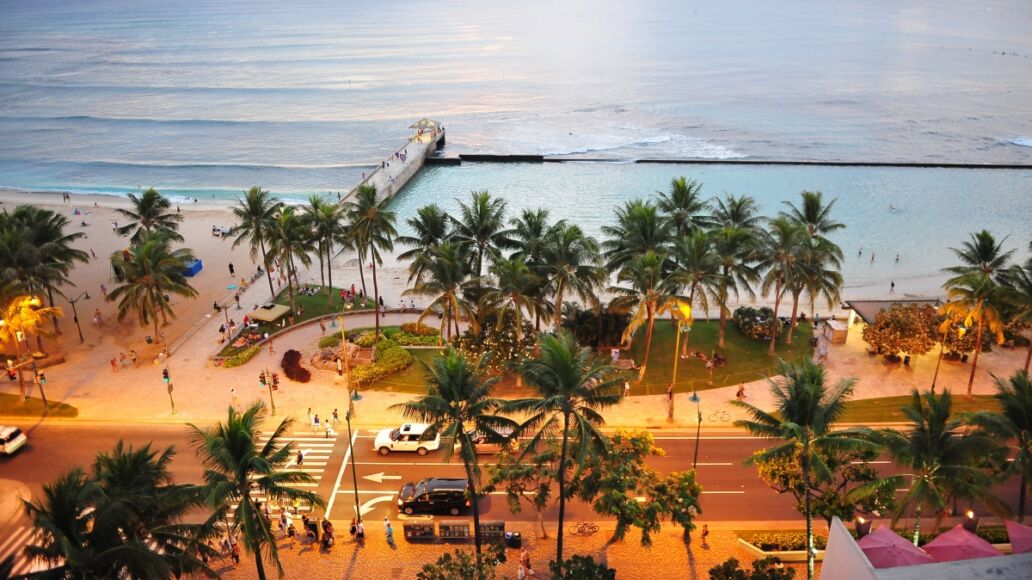 Waikiki beach at night. Honolulu, Oahu. Hawaii