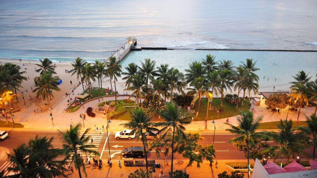 Waikiki beach at night. Honolulu, Oahu. Hawaii