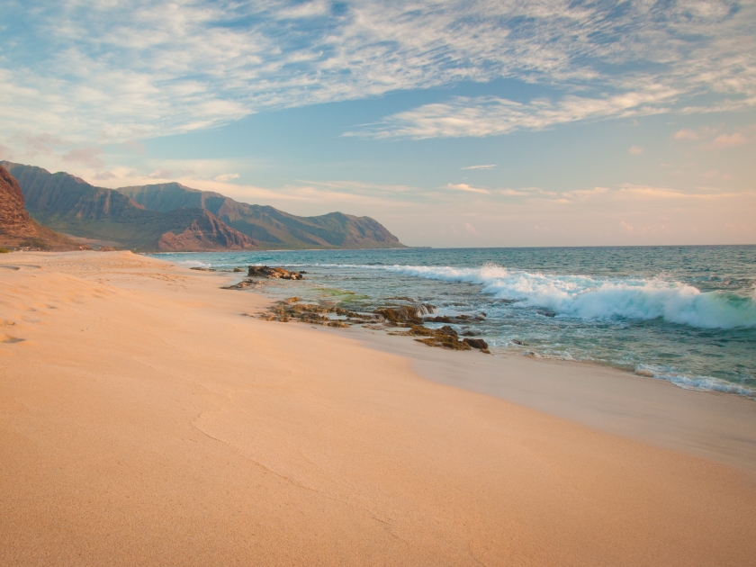 Tropical sandy beach in Hawaii island. Keawaula Beach, Yokohama Bay in Oahu