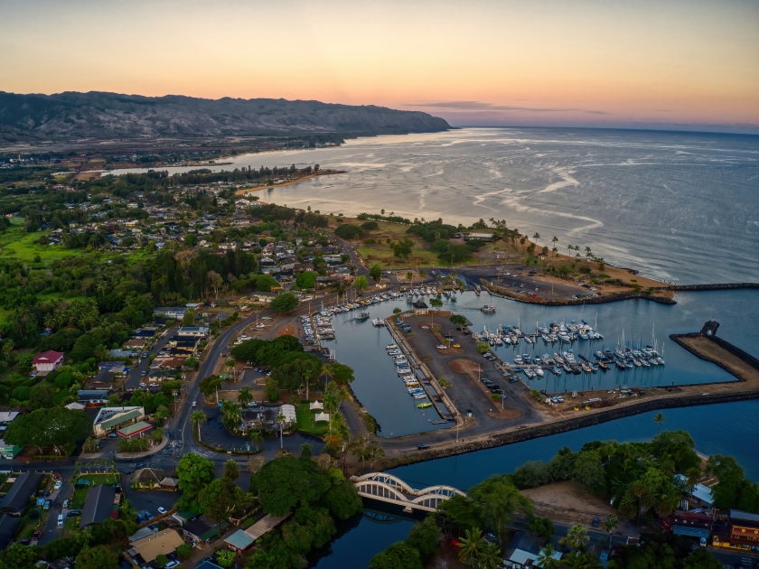 Aerial View of the Hawaiian Village of Haleiwa at Sunrise.