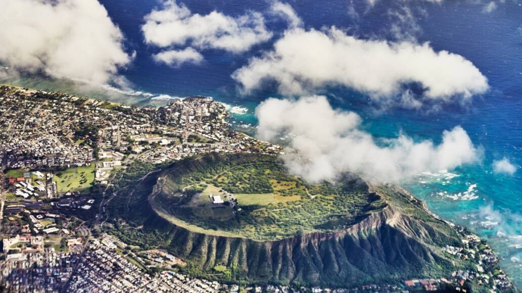 Aerial View of the Diamond Head Crater in Waikiki on the Island of Oahu, Hawaii