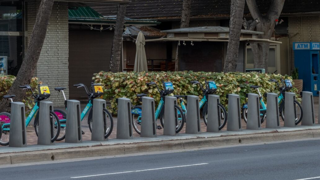 Honolulu, Hawaii, USA. November 12, 2020. Full rack of rental bicycles, popular with Waikiki Tourists, during the tourism ban for the corona virus.