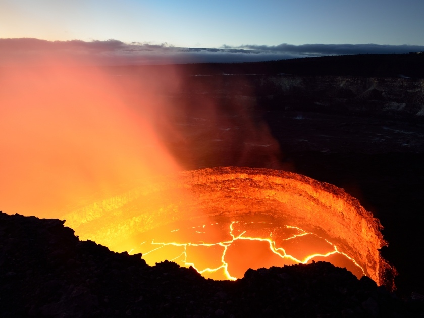 inside view of an active volcano with lava flow in Volcano National Park, Big Island of Hawaii, USA